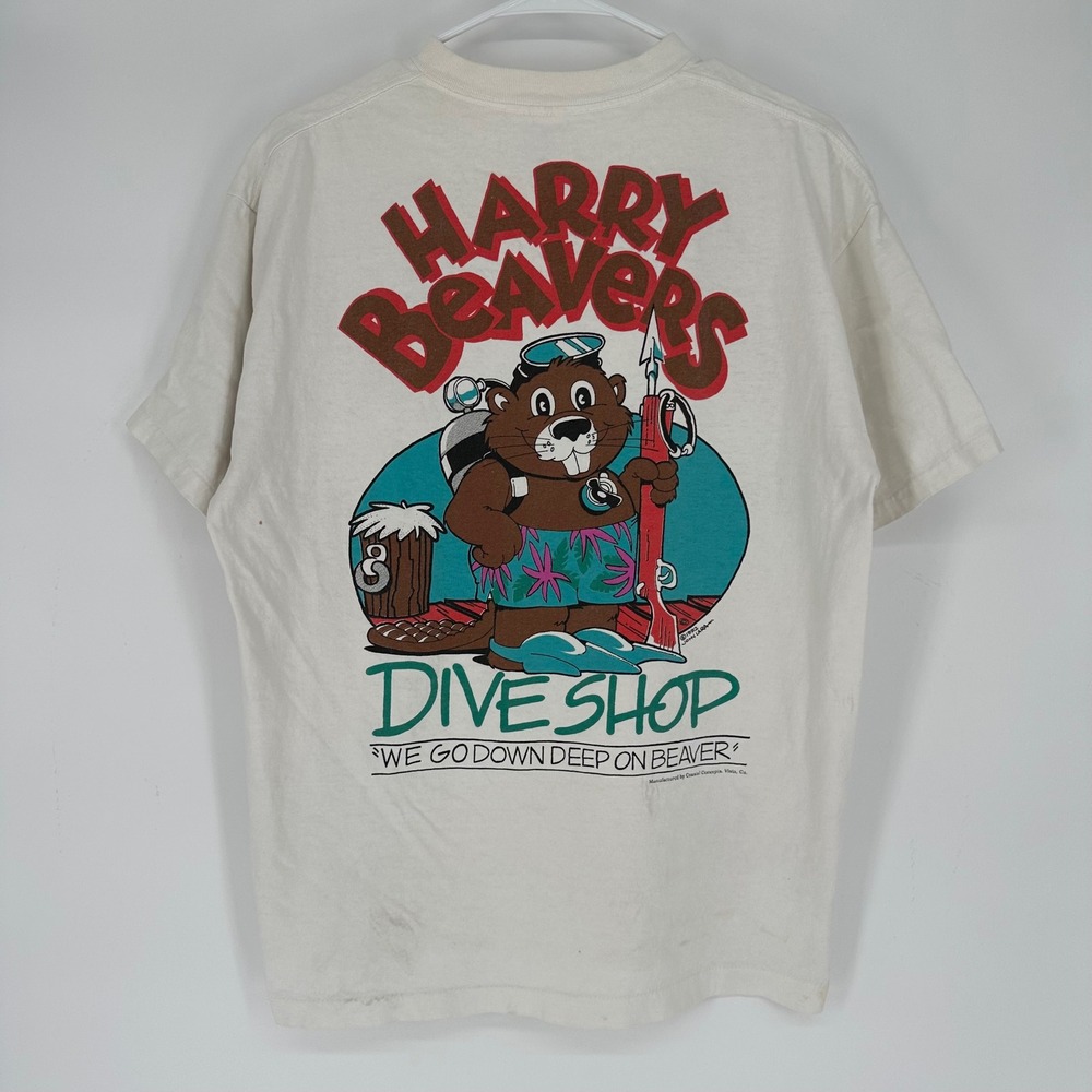 Vintage 90s Harry Beavers Dive Shop Graphic T-Shirt Tee Jays Softee XL White USA